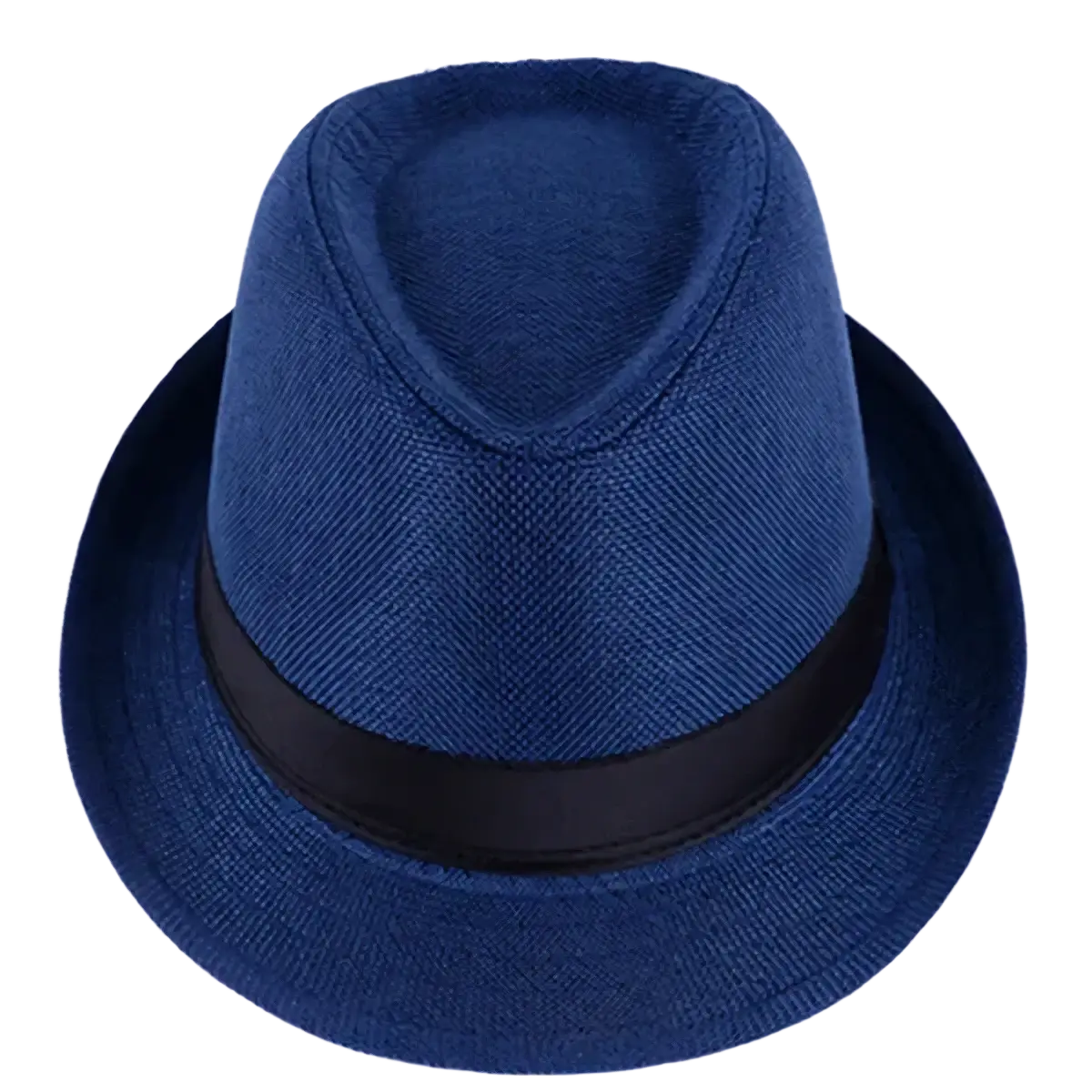 Deep blue woven fedora hat with black satin band for men matching beige style with black ribbon band product line