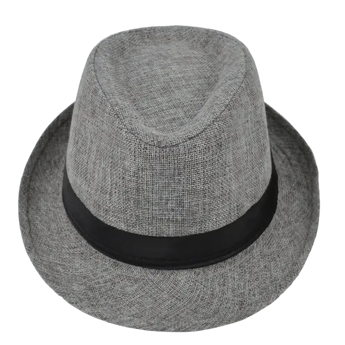 Men beige woven fedora hat made of gray fabric with a black ribbon band for stylish formal wear