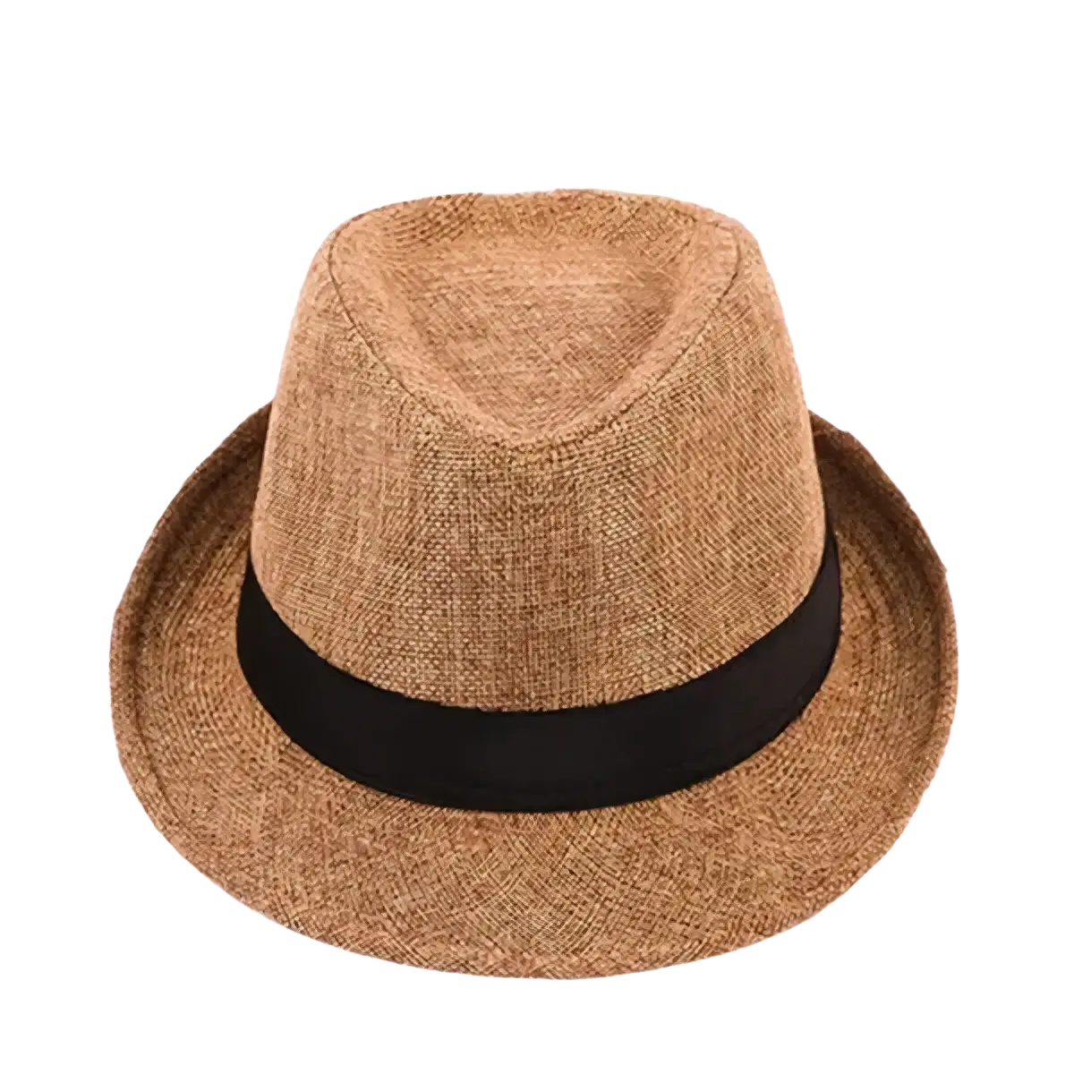 A men beige woven fedora hat made of tan material with a black ribbon band for stylish headwear