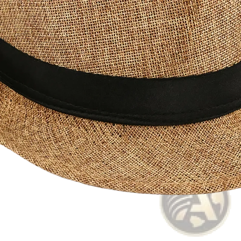Men beige woven fedora hat made of tan straw with a sleek black satin ribbon band for stylish wear