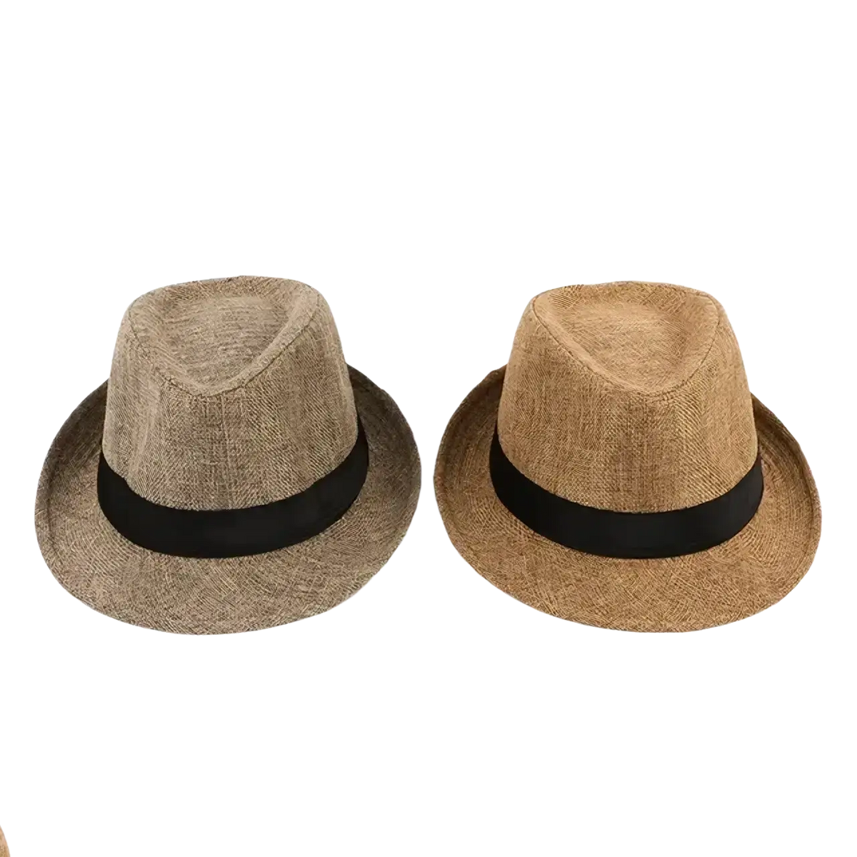 Two beige woven fedora hats with black ribbon bands made from breathable material for stylish men