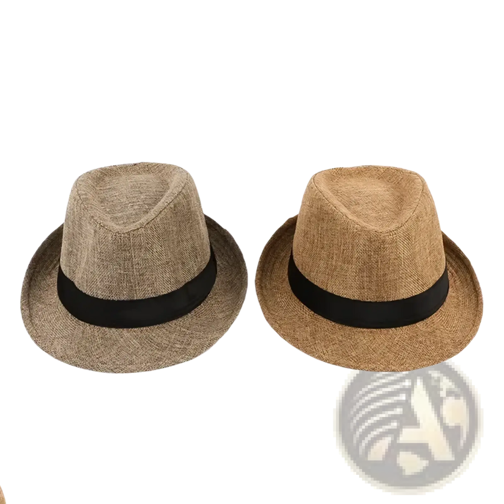 Two beige woven fedora hats with black ribbon bands featuring a classic design for men