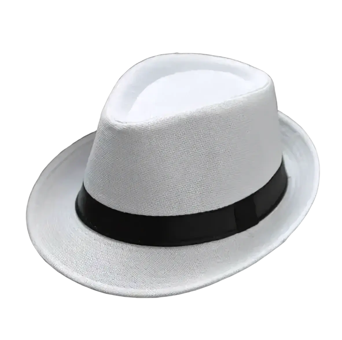 Men beige woven fedora hat featuring a white woven material with a black ribbon band