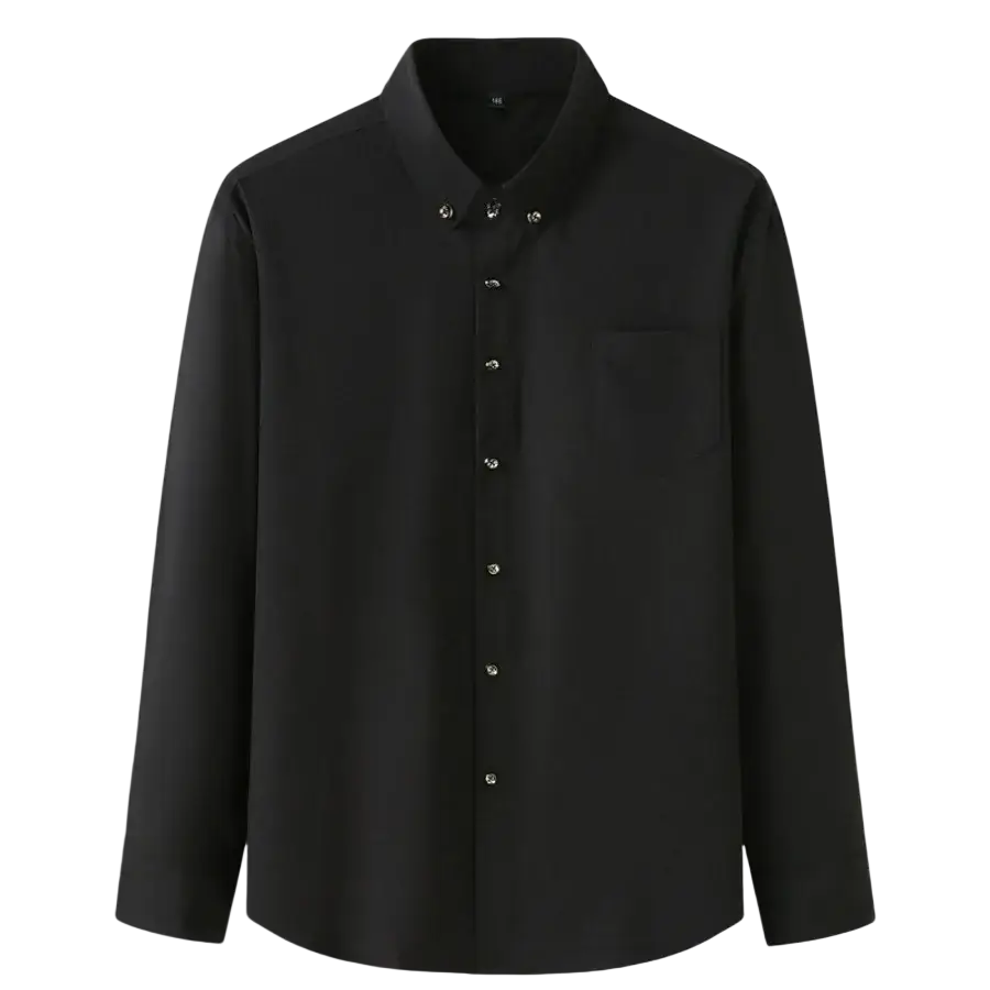 Men big dress shirt long sleeve black button-down with silver buttons and chest pocket for formal work wear