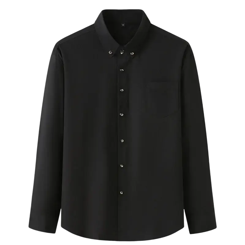 Men big dress long sleeve black shirt with collar and silver buttons formal workwear dress shirts