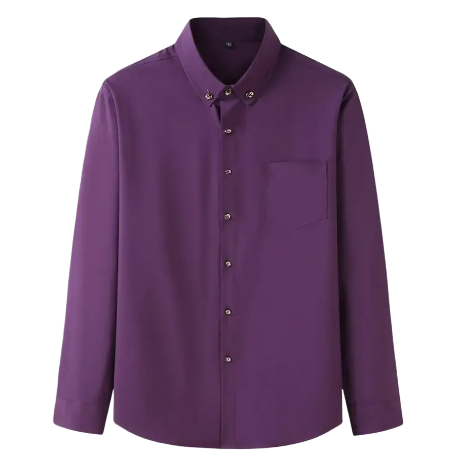 Men big dress long sleeve shirt in purple with collar chest pocket and metallic buttons for formal workwear