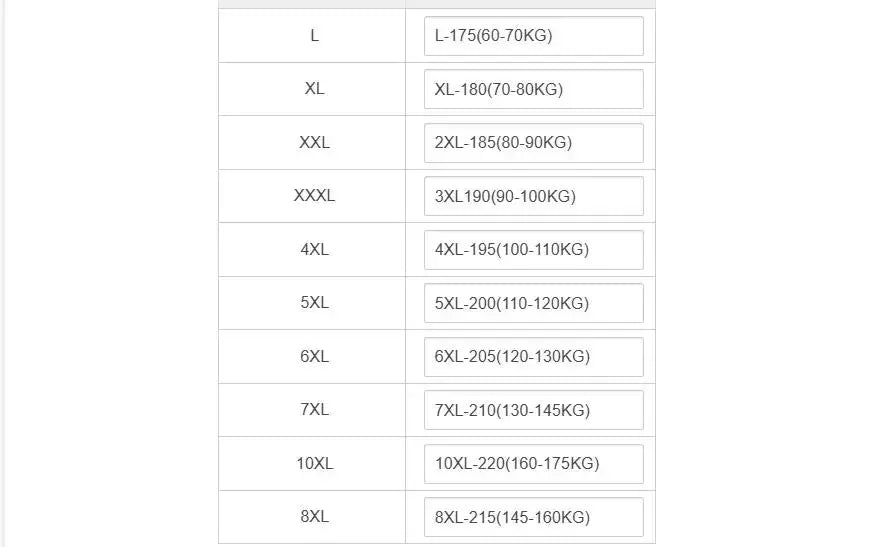 Size chart table for men big dress shirts long sleeve formal work shirt showing height and weight ranges