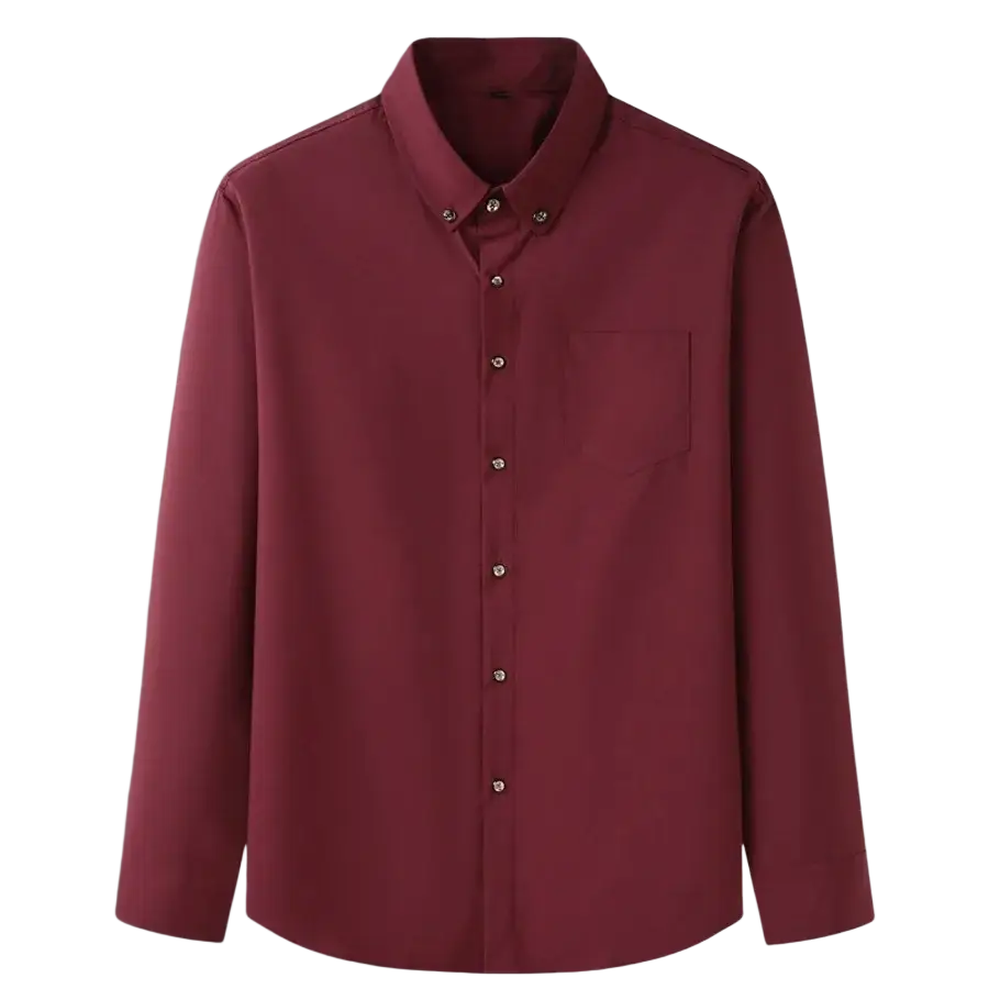 Men big dress long sleeve formal work shirt in sleek maroon with classic collar and chest pocket