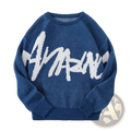 Men black knit sweater featuring a bold white amazing graphic on the chest in navy blue fabric