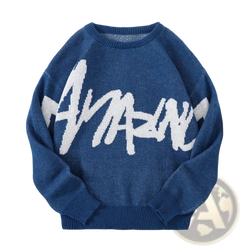 Men black knit sweater featuring a bold white amazing graphic on the chest in navy blue fabric