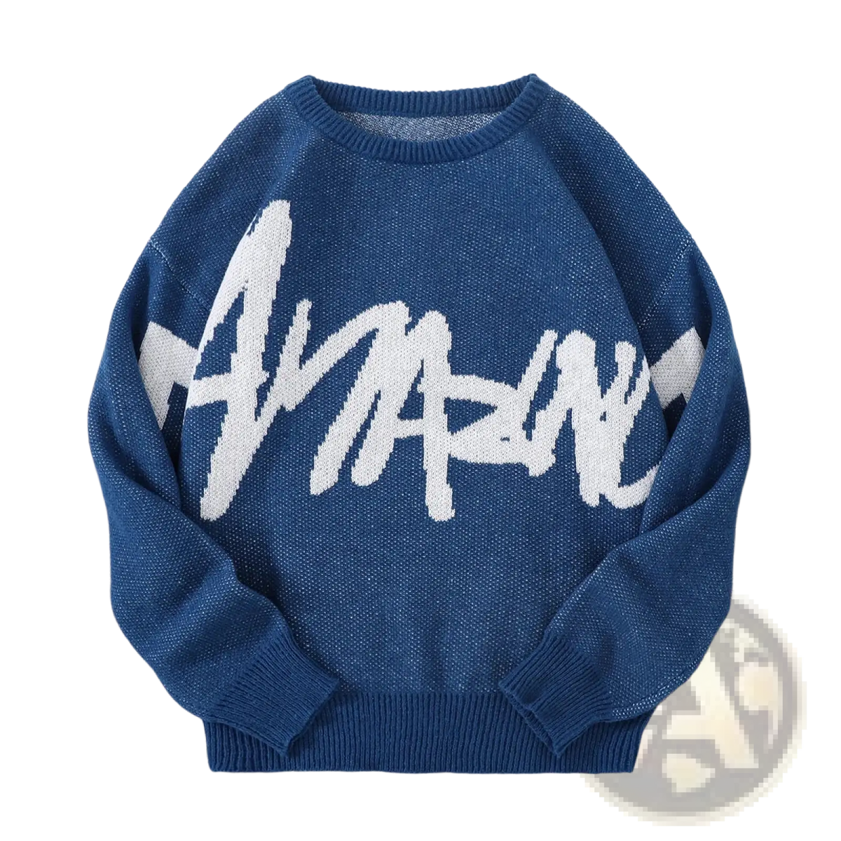 Men black knit sweater featuring a bold white amazing graphic on the chest in navy blue fabric