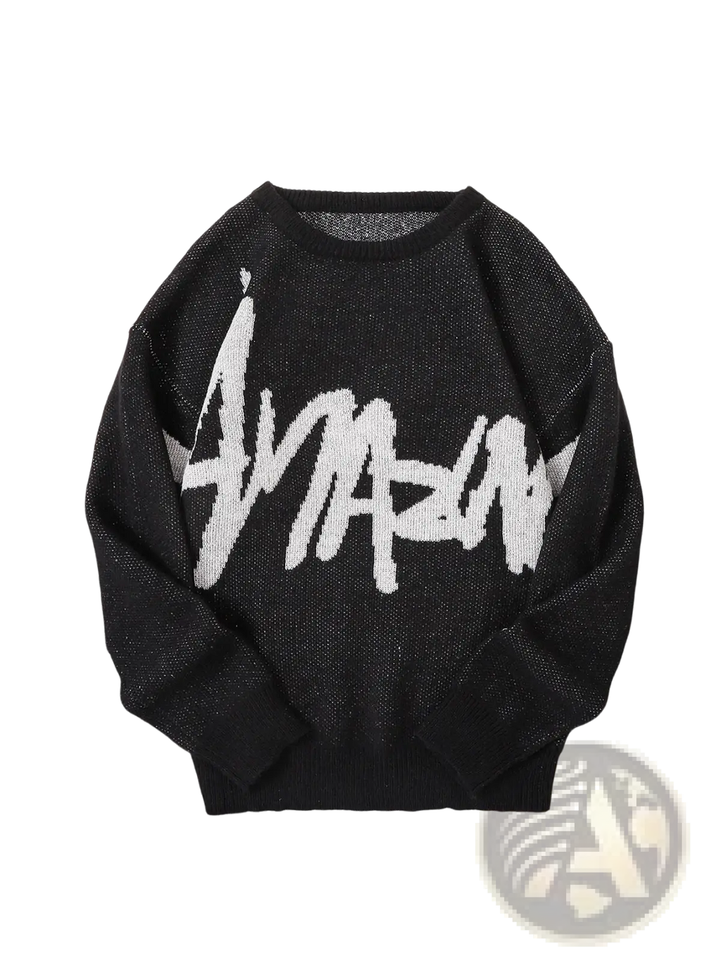 Men black knit sweater featuring bold white amazing graphic lettering across the front in a stylish design