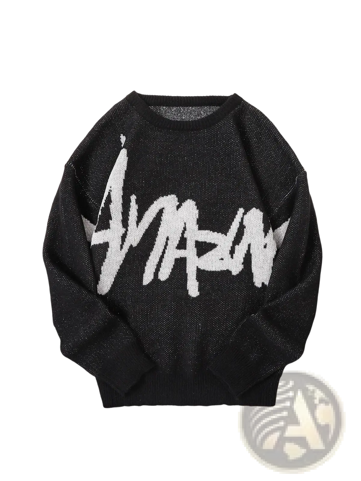 Men black knit sweater featuring bold white amazing graphic lettering across the front in a stylish design