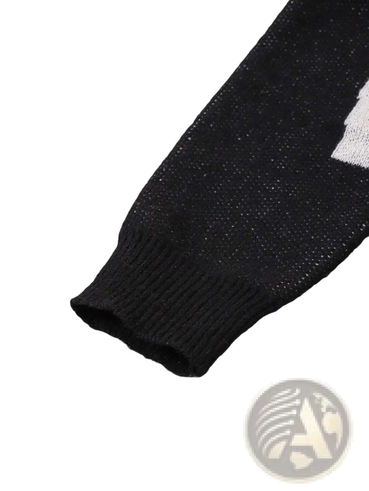 Men black amazing graphic knit sweater sleeve in black knit with white graphic design detail visible