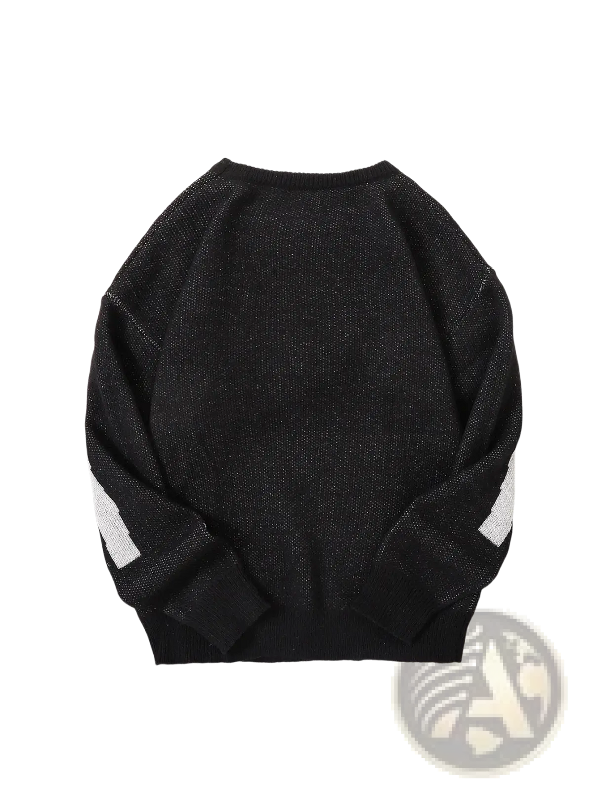 Men black knit sweater with white striped cuffs featuring an amazing graphic design on soft knit material