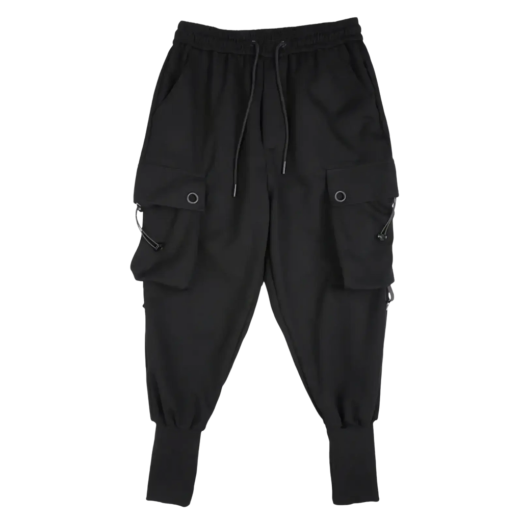 Men black cargo jogger pants with drawstring waistband and multiple pockets featuring silver-toned hardware