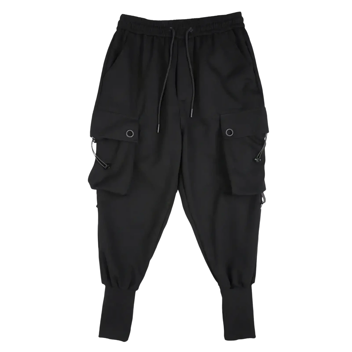 Men black cargo jogger pants with drawstring waistband and multiple pockets featuring silver-toned hardware