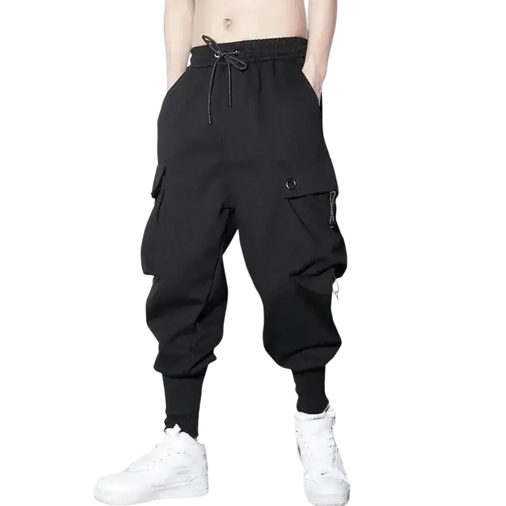 Men black cargo jogger pants with drawstring waistband and side pockets designed for casual wear