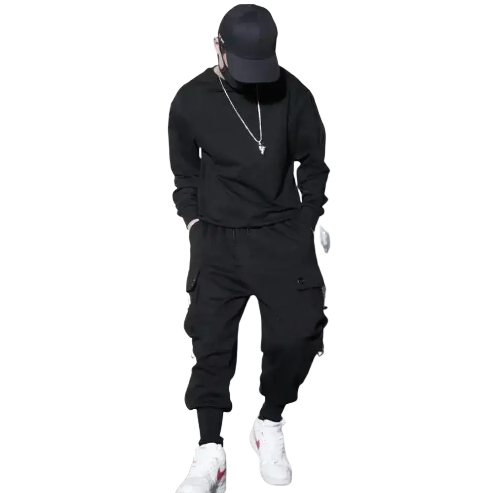 Men black cargo jogger pants featuring multi pockets and elastic cuffs for casual wear in black cargo style