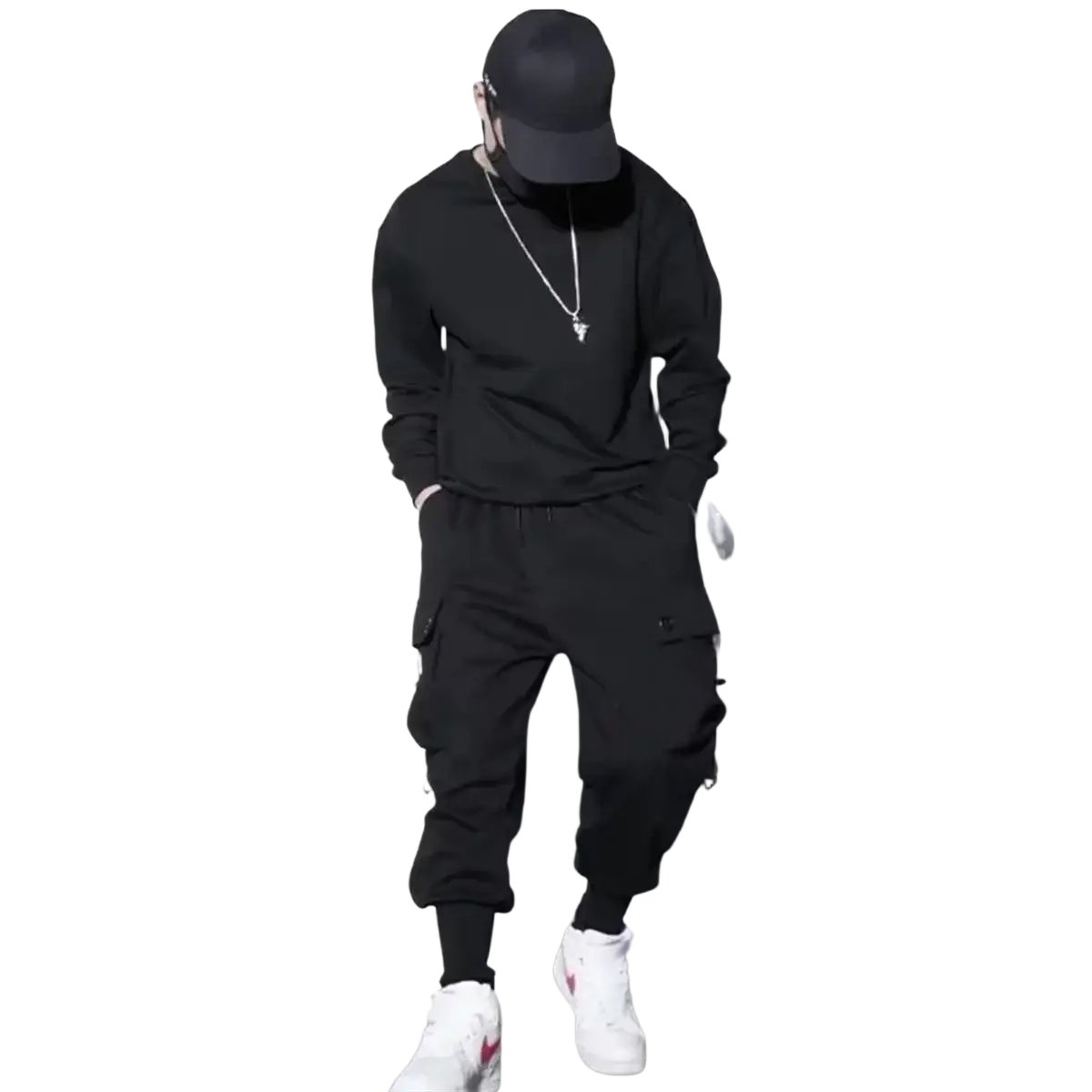 Men black cargo jogger pants with multiple pockets and drawstring waistband made of durable fabric for casual wear