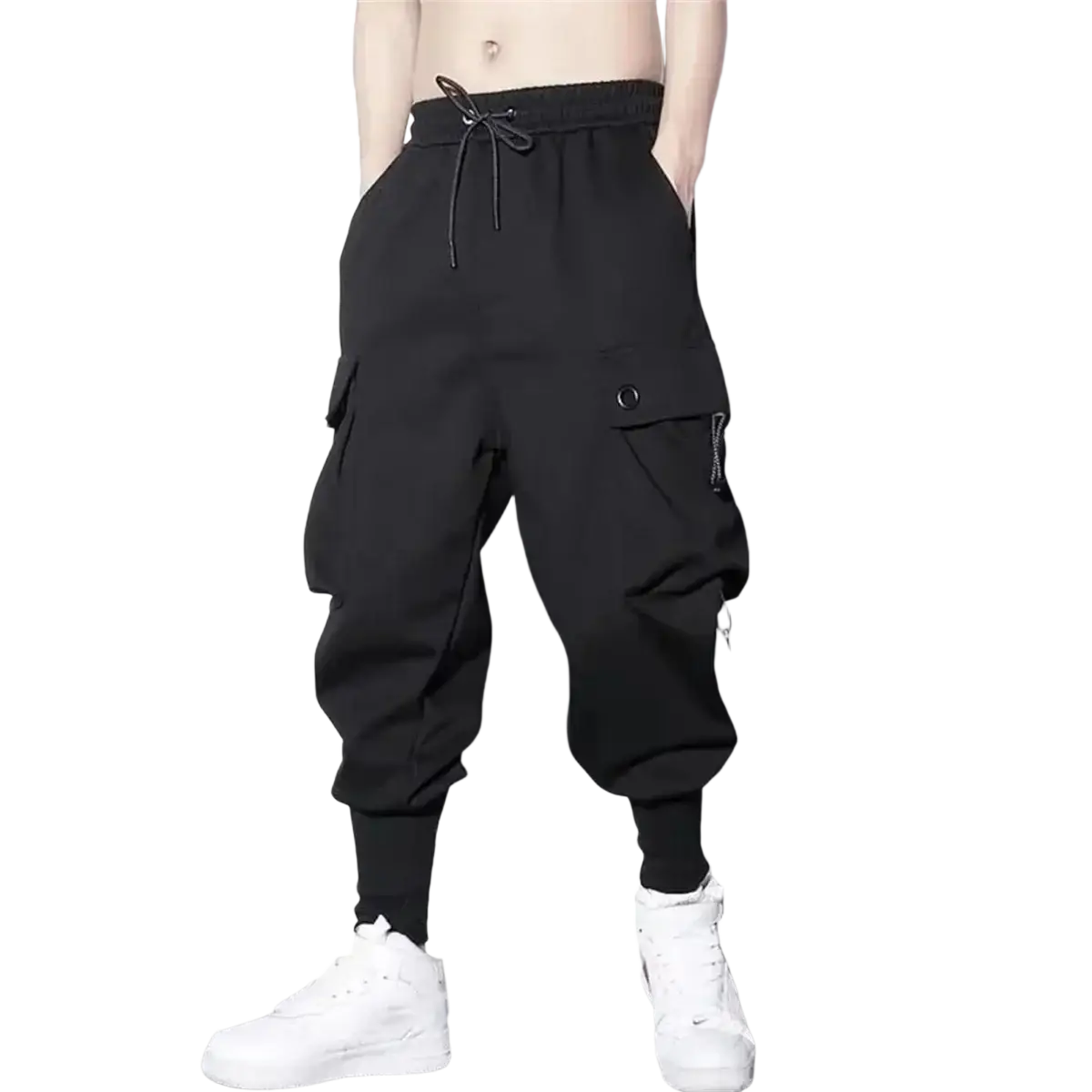 Men black cargo jogger pants with drawstring waistband and multiple pockets for practical everyday wear