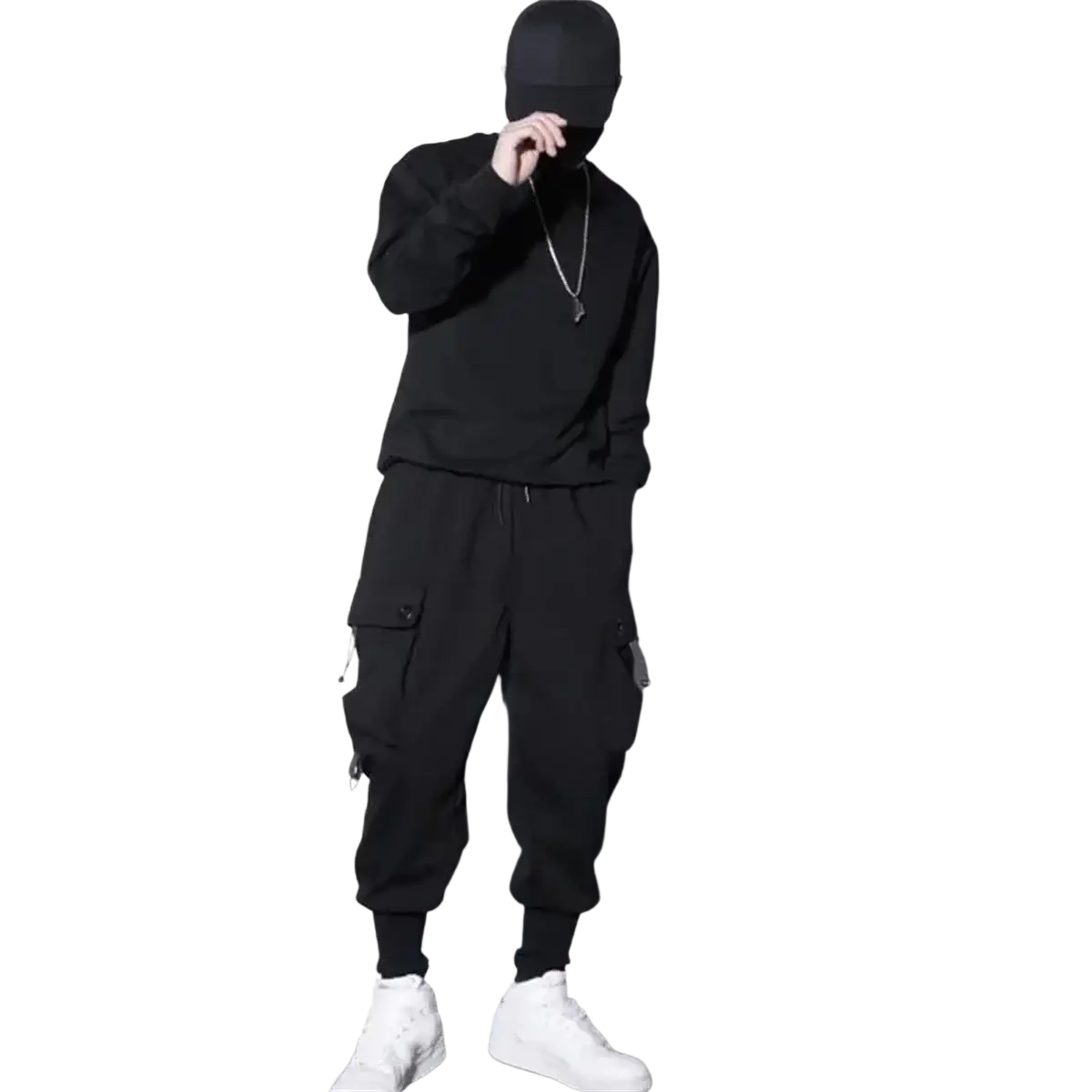 Men black cargo jogger pants with multiple pockets and drawstrings made from durable fabric for functional style