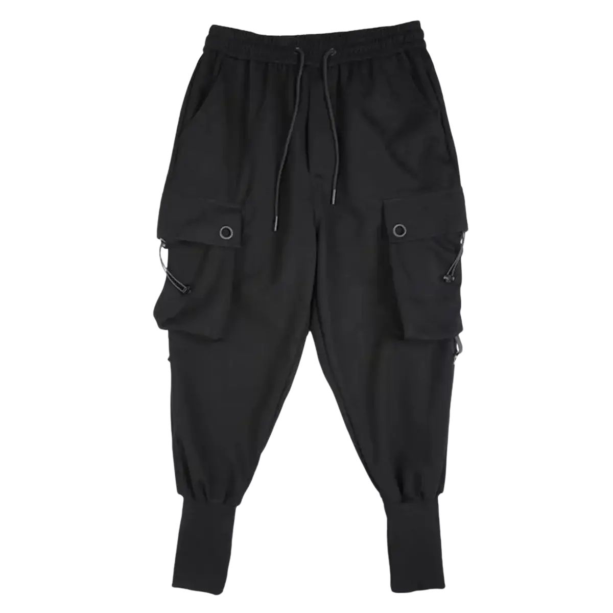 Men black cargo jogger pants with drawstring waist and multiple pockets featuring metal accents and zipper pulls
