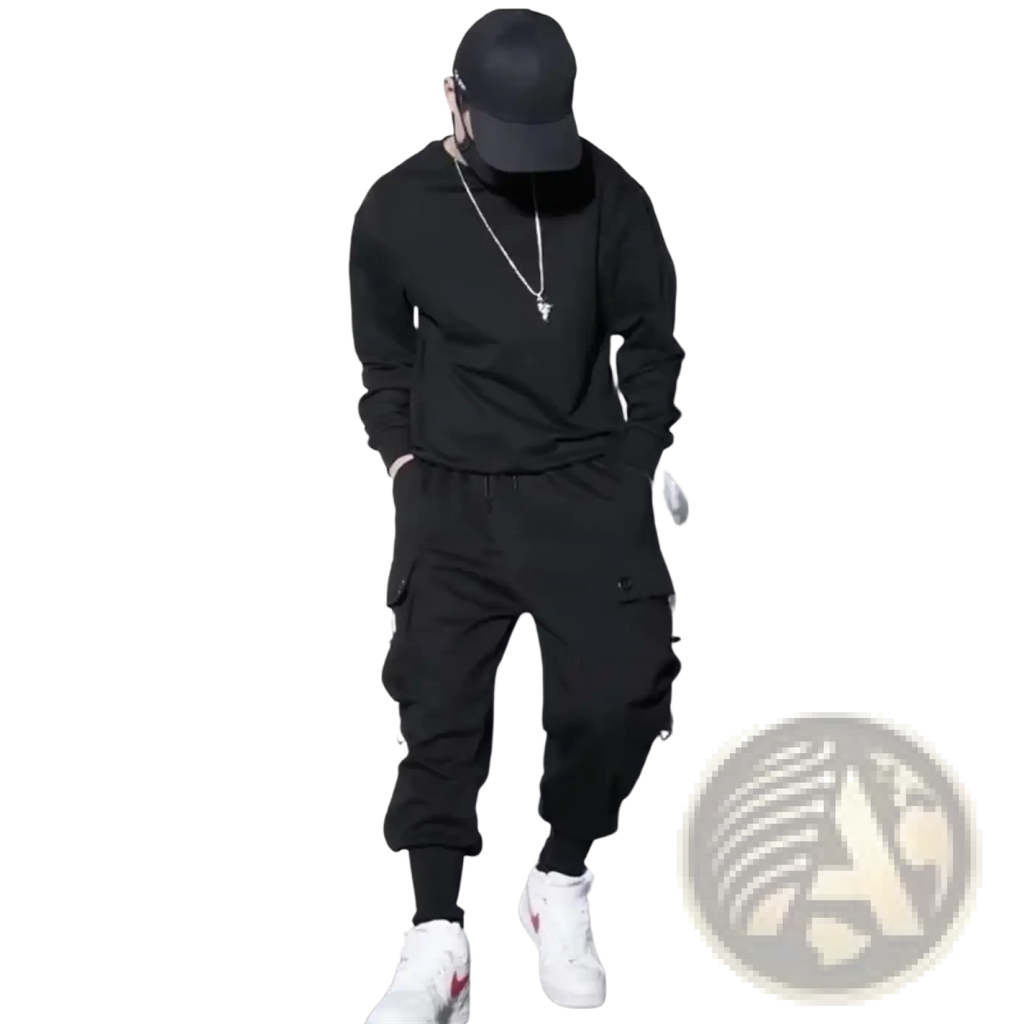Men black cargo jogger pants with multiple pockets and drawstring waistband made of durable fabric for casual wear