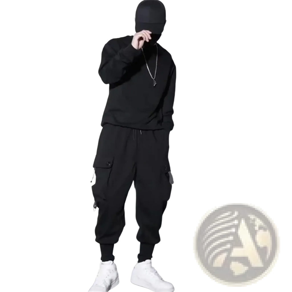 Men black cargo jogger pants with multiple pockets and drawstrings made from durable fabric for functional style