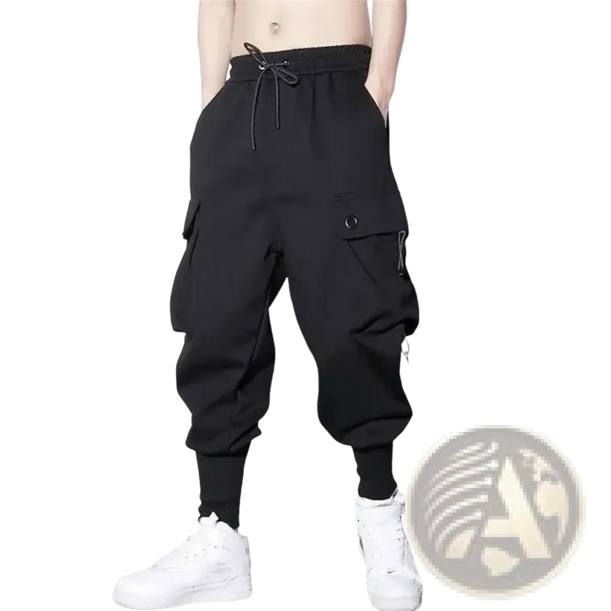 Men black cargo jogger pants with drawstring waistband and multiple pockets for practical everyday wear