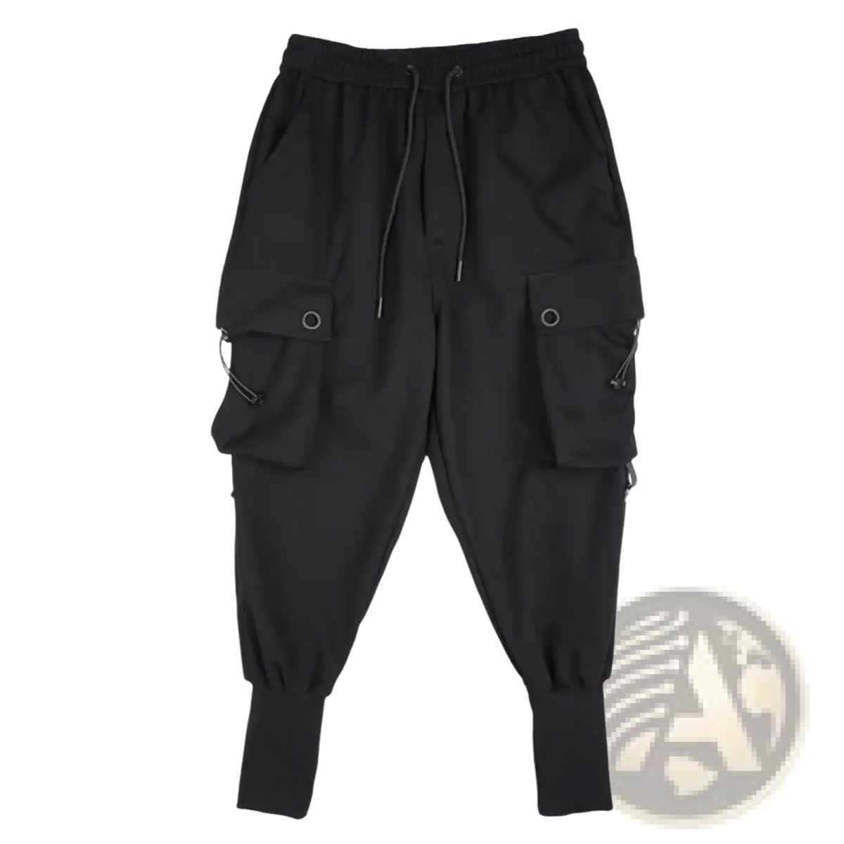 Men black cargo jogger pants with drawstring waist and multiple pockets featuring metal accents and zipper pulls