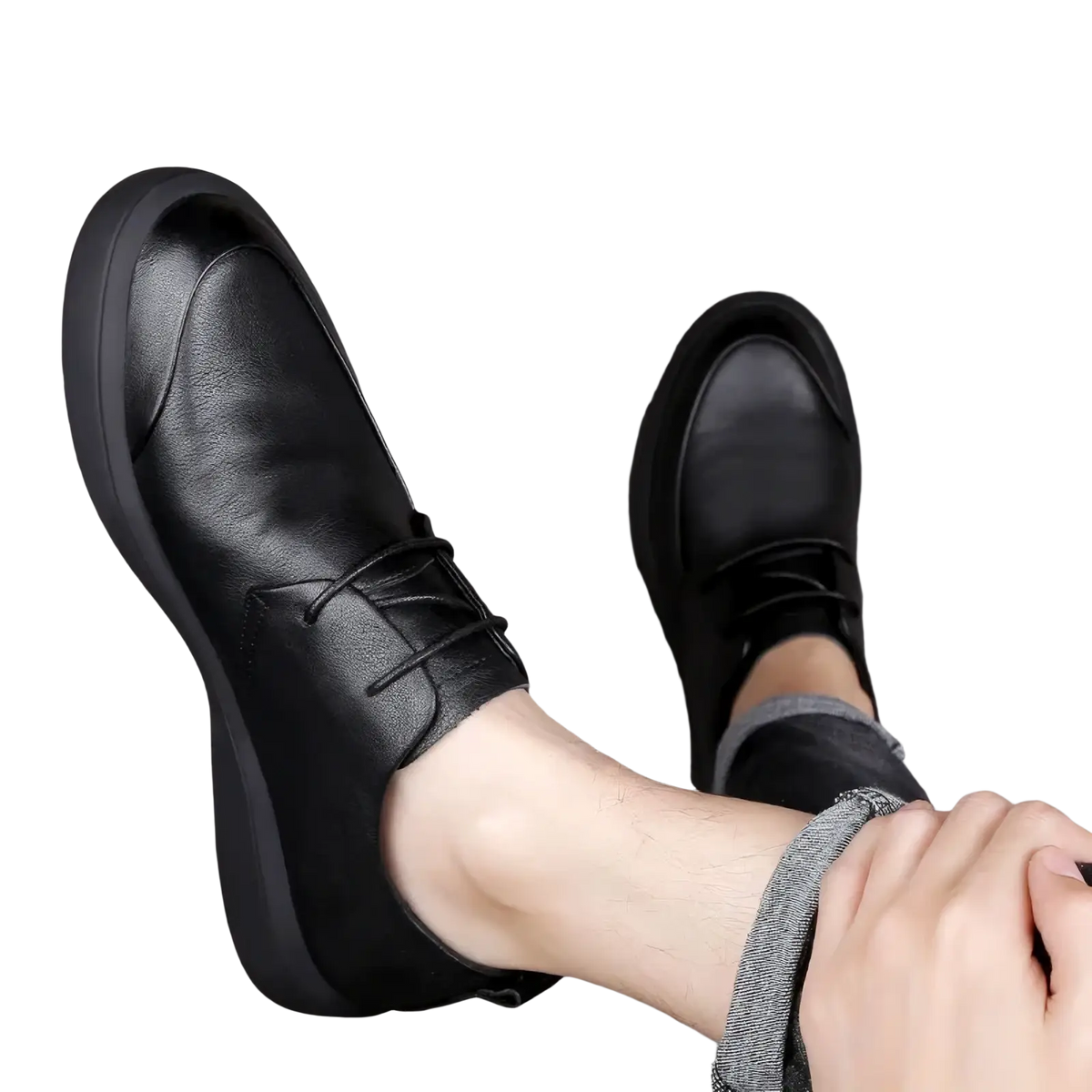 Men black casual dress shoes made of leather with lace-up design and thick cushioned soft sole