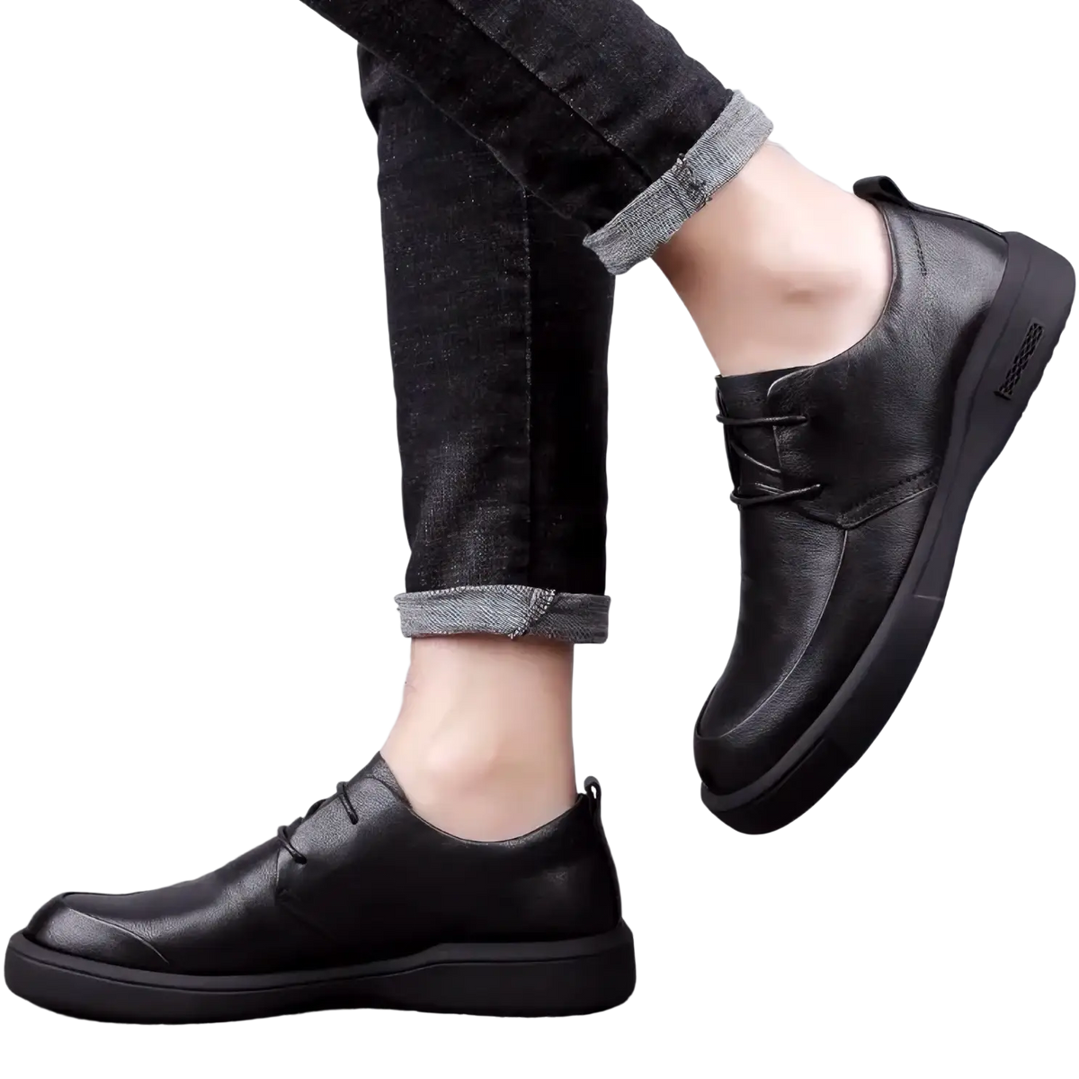 Men black casual dress shoes made of leather with lace-up design and thick cushioned soft sole for comfort