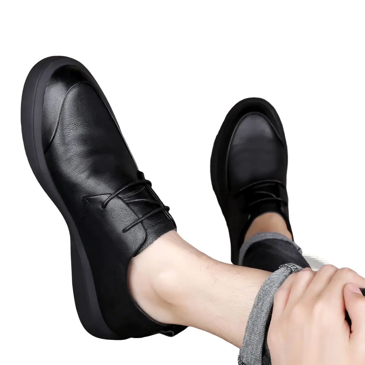 Men black casual dress shoes made of leather with lace-up design and thick cushioned soft sole