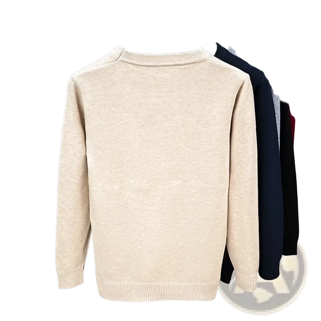 Men black crewneck knit sweater with soft textured beige fabric and ribbed cuffs for casual wear