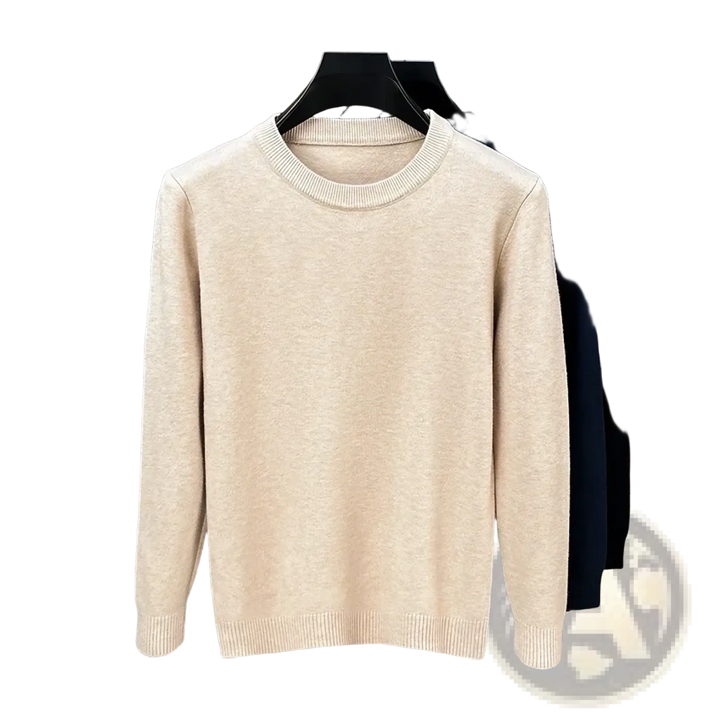 Men black crewneck knit sweater with soft textured beige fabric and ribbed cuffs for comfortable wear