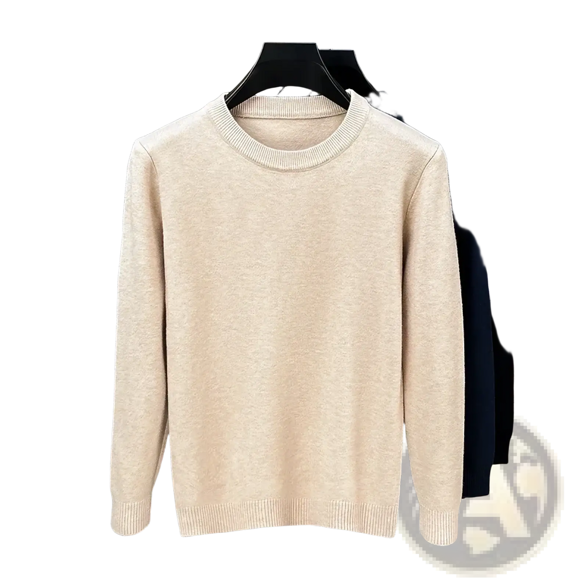 Men black crewneck knit sweater with soft textured beige fabric and ribbed cuffs for comfortable wear
