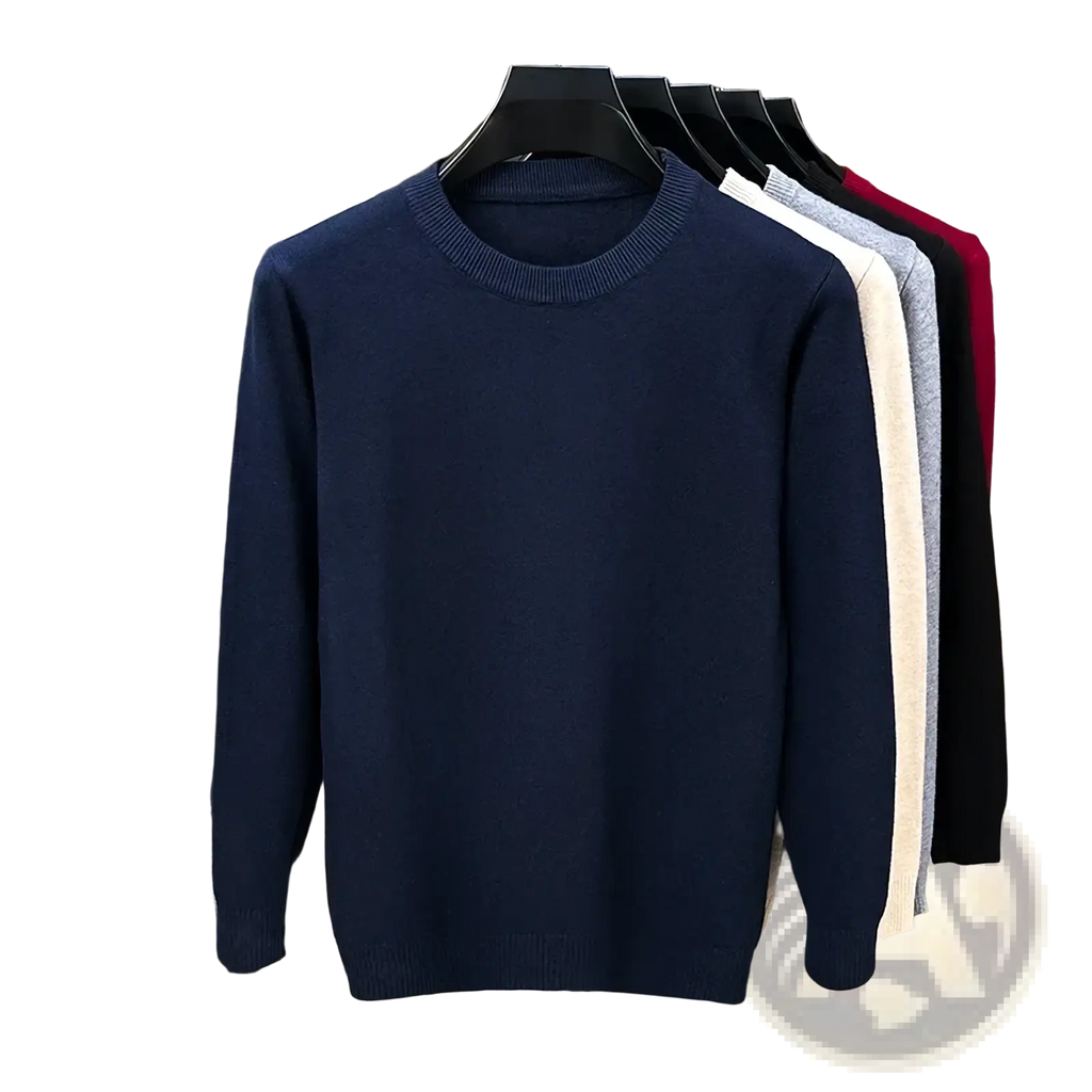 Men black crewneck knit sweater in deep navy blue with ribbed cuffs and hem made from soft knit material