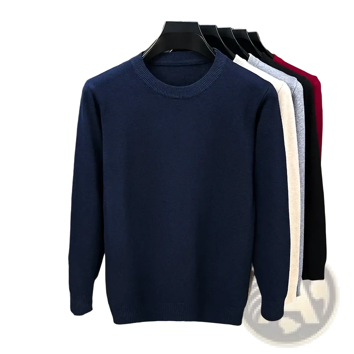 Men black crewneck knit sweater in deep navy blue with ribbed cuffs and hem made from soft knit material
