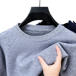 Men black crewneck knit sweater in soft heather gray with ribbed neckline and gentle textured fabric
