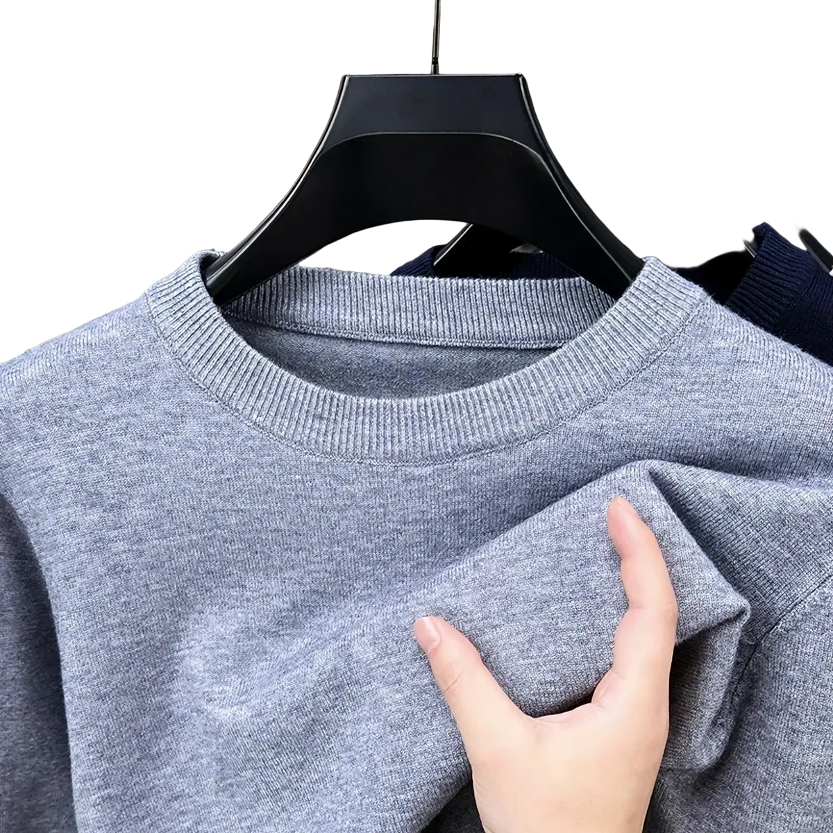 Men black crewneck knit sweater in soft heather gray with ribbed neckline and gentle textured fabric