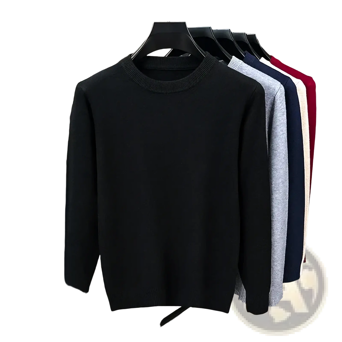 Men black crewneck knit sweater with ribbed collar and cuffs made of soft knit fabric for comfortable wear