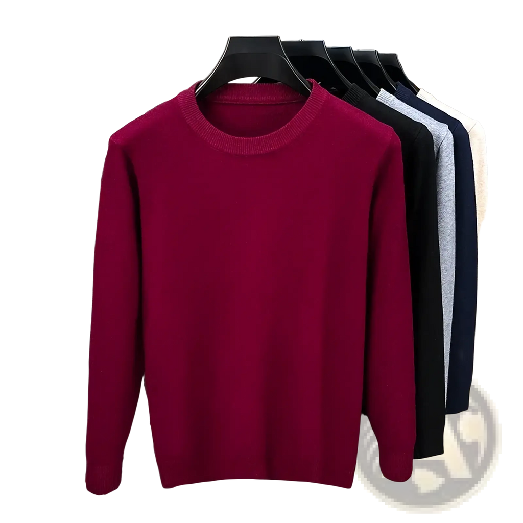 Men black crewneck knit sweater featuring a rich burgundy smooth knitted crewneck with ribbed cuffs