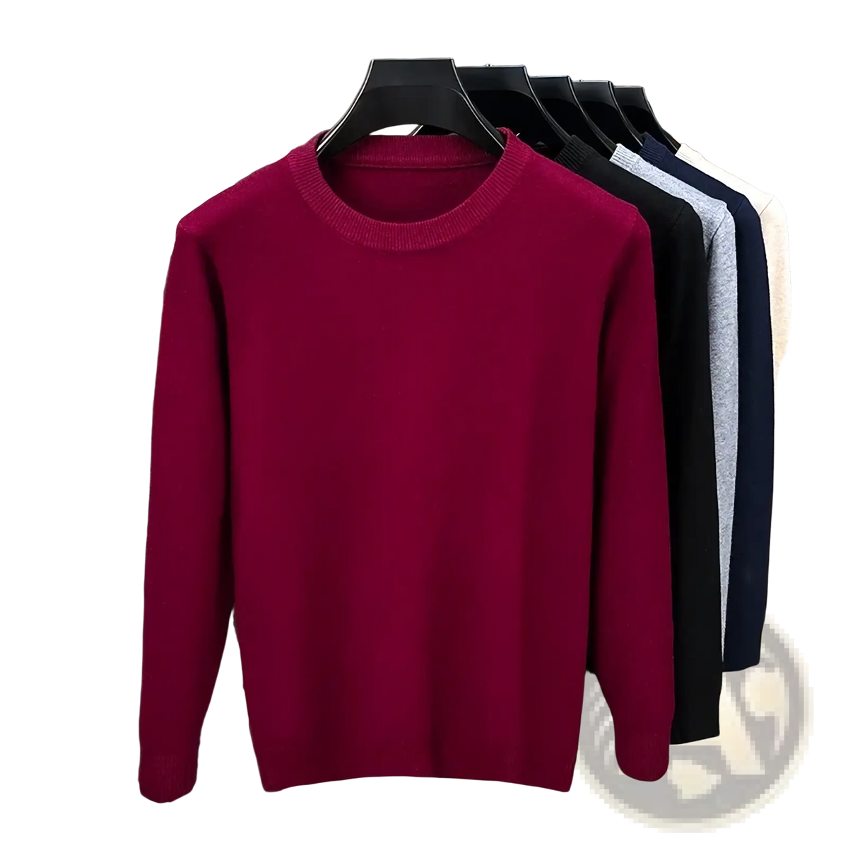 Men black crewneck knit sweater featuring a rich burgundy smooth knitted crewneck with ribbed cuffs