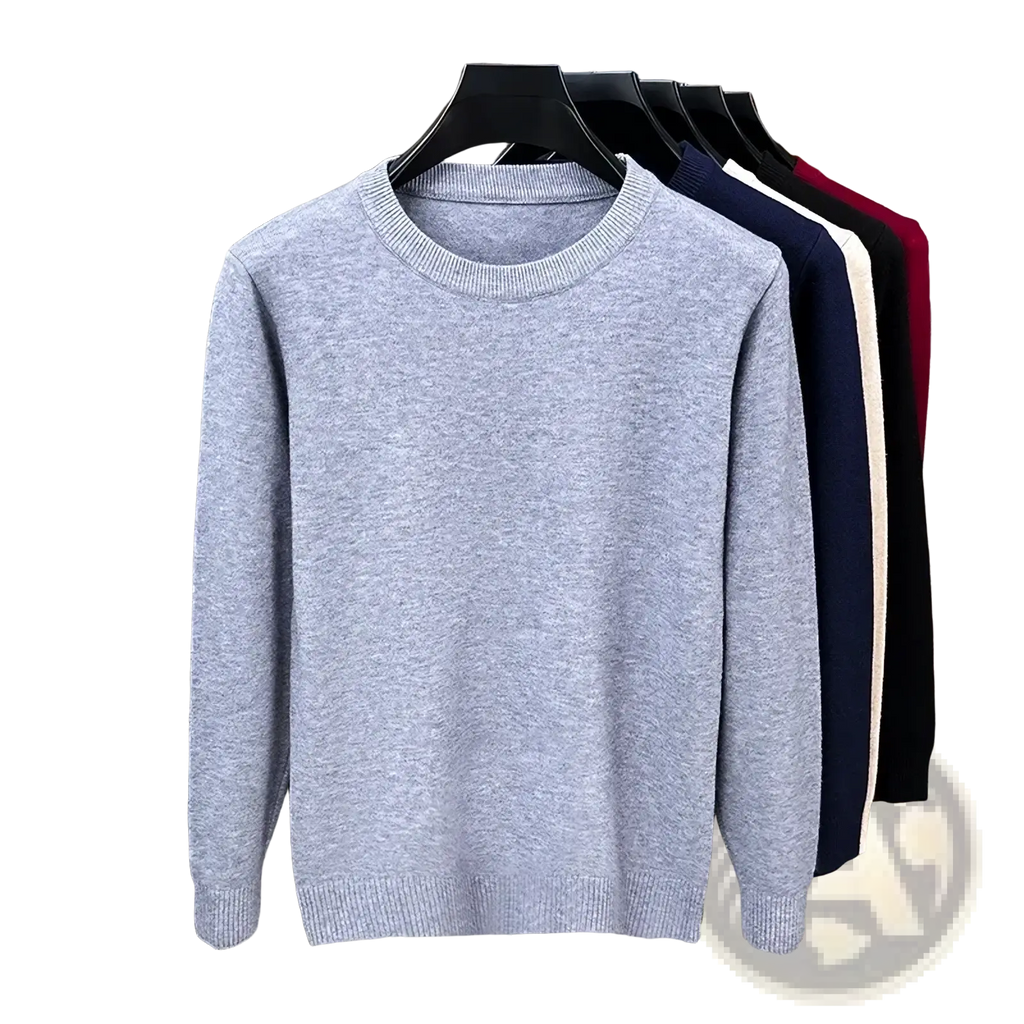 Men black crewneck knit sweater featuring a soft heather gray fabric with ribbed knit collar and cuffs