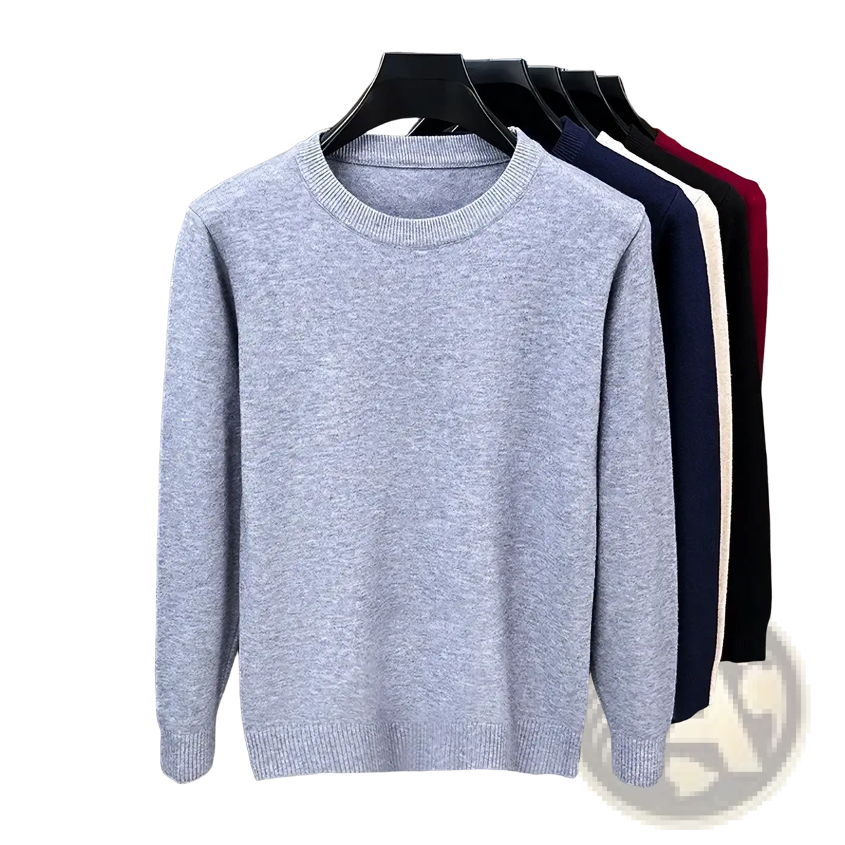 Men black crewneck knit sweater featuring a soft heather gray fabric with ribbed knit collar and cuffs