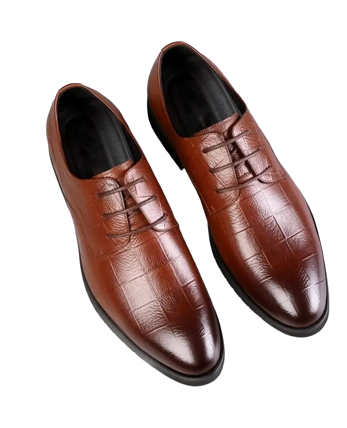Brown leather dress shoes with crocodile texture pattern and black laces for men formal wear