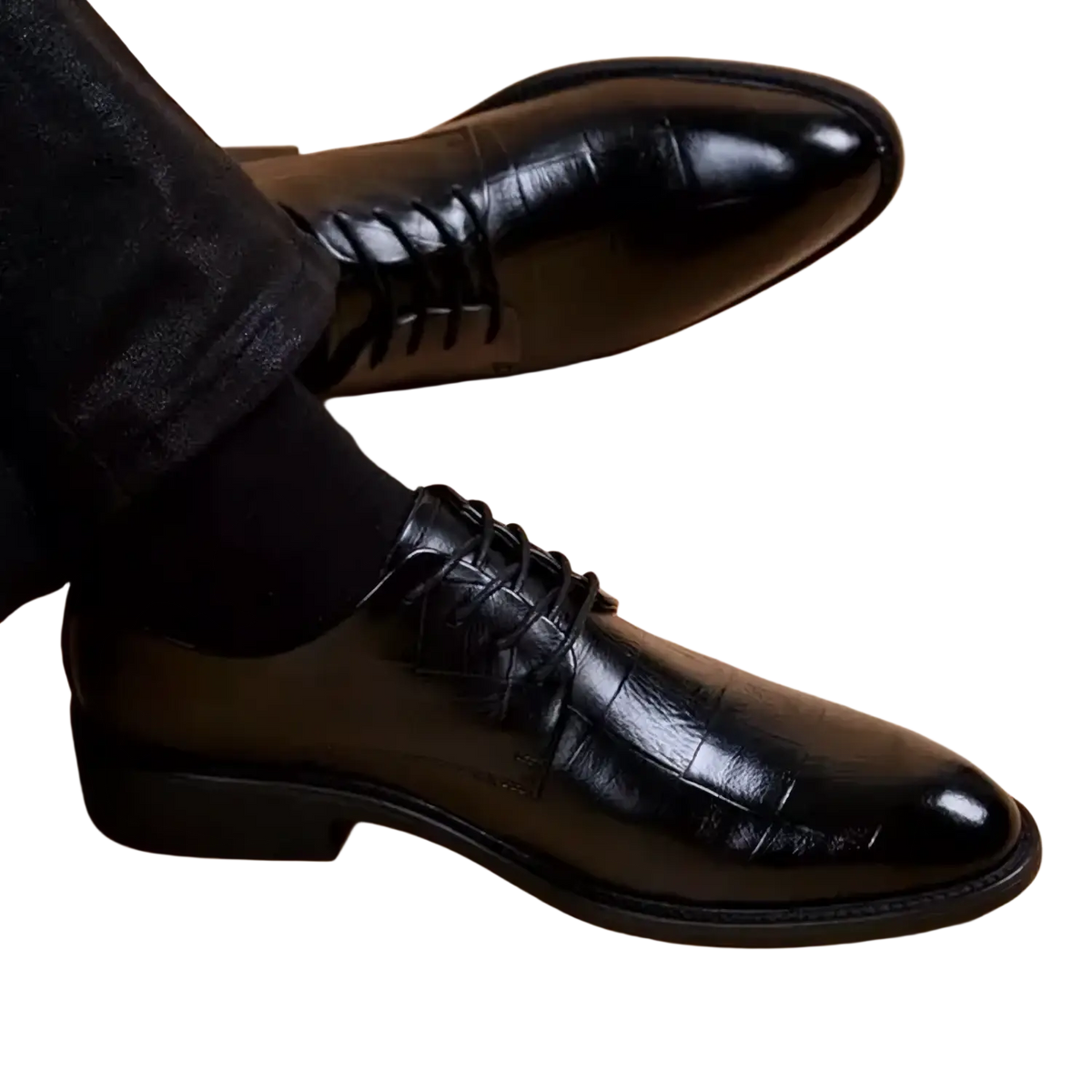Men black crocodile leather formal dress shoes with lace-up design polished finish and low heel