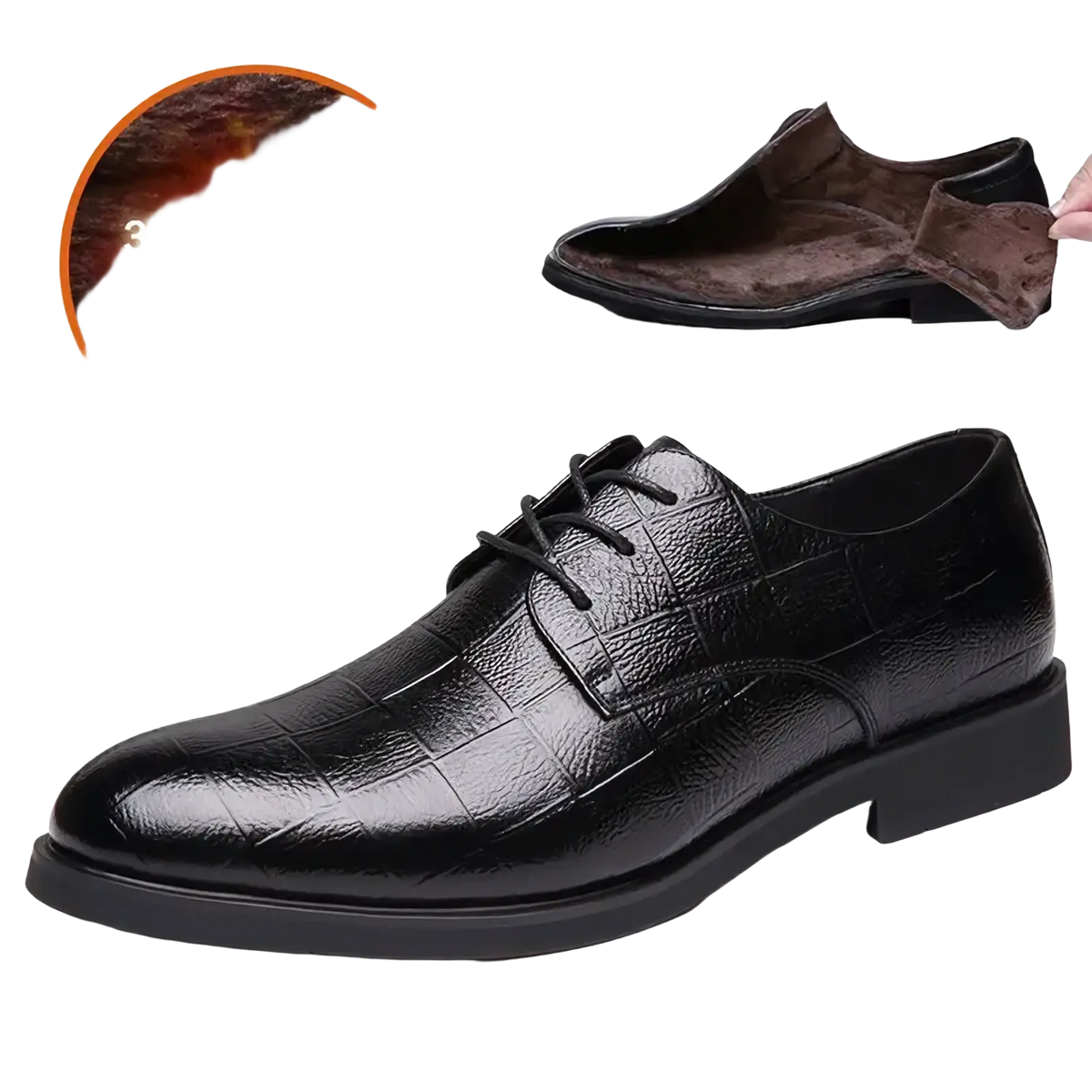 Men black crocodile leather formal dress shoes with plush brown lining and thick rubber sole for durability