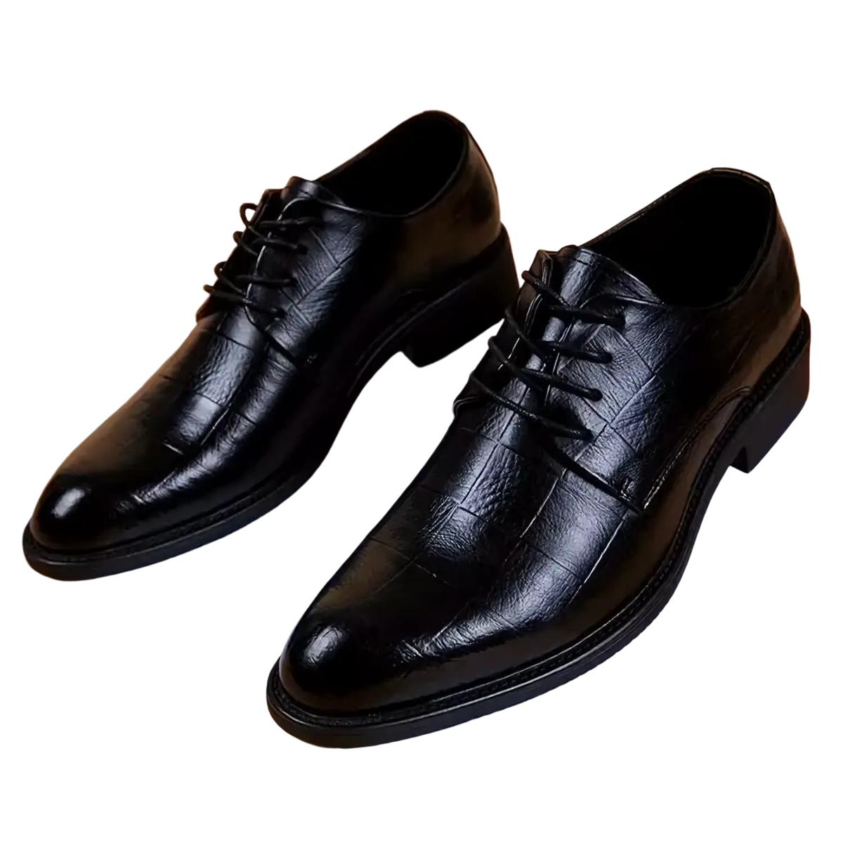 Men black crocodile leather formal dress shoes featuring lace-up design and textured crocodile pattern